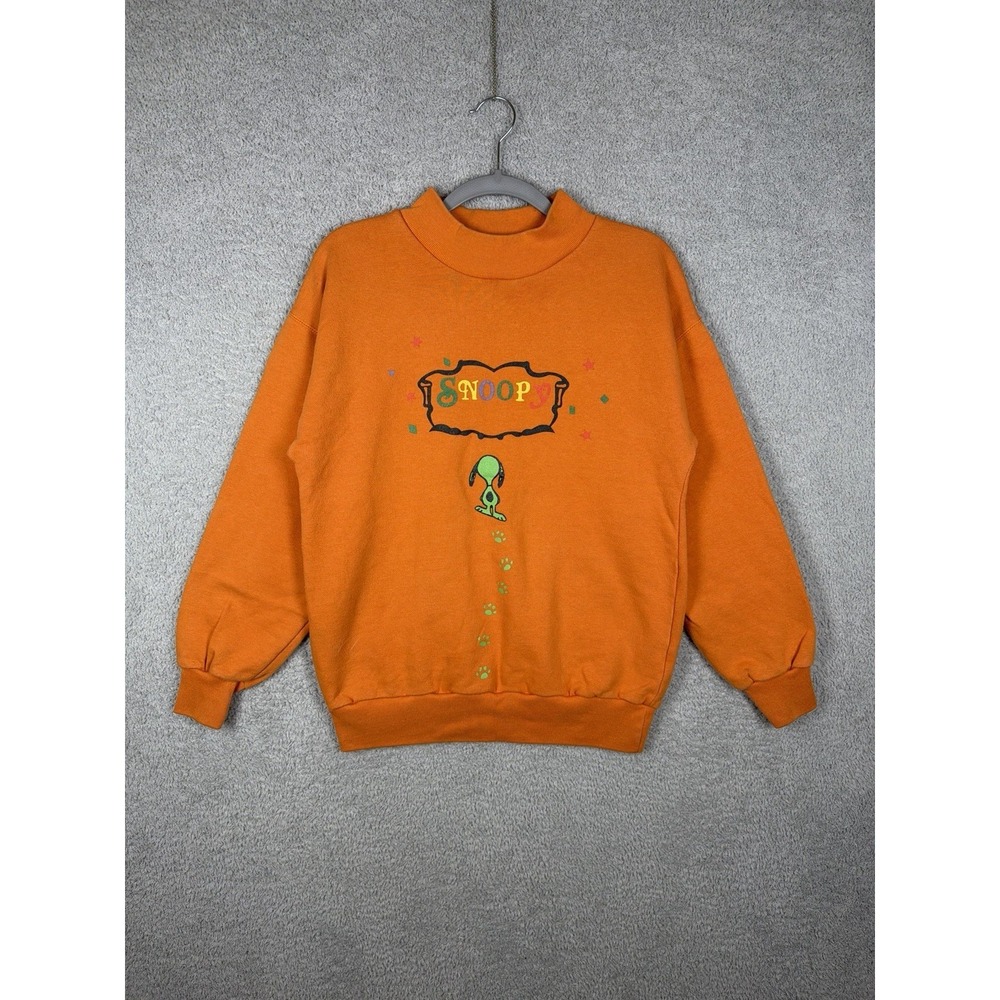 Vintage 80's Snoopy Orange Mock Neck Sweatshirt Elbow‎ Patch Peanuts Mens S